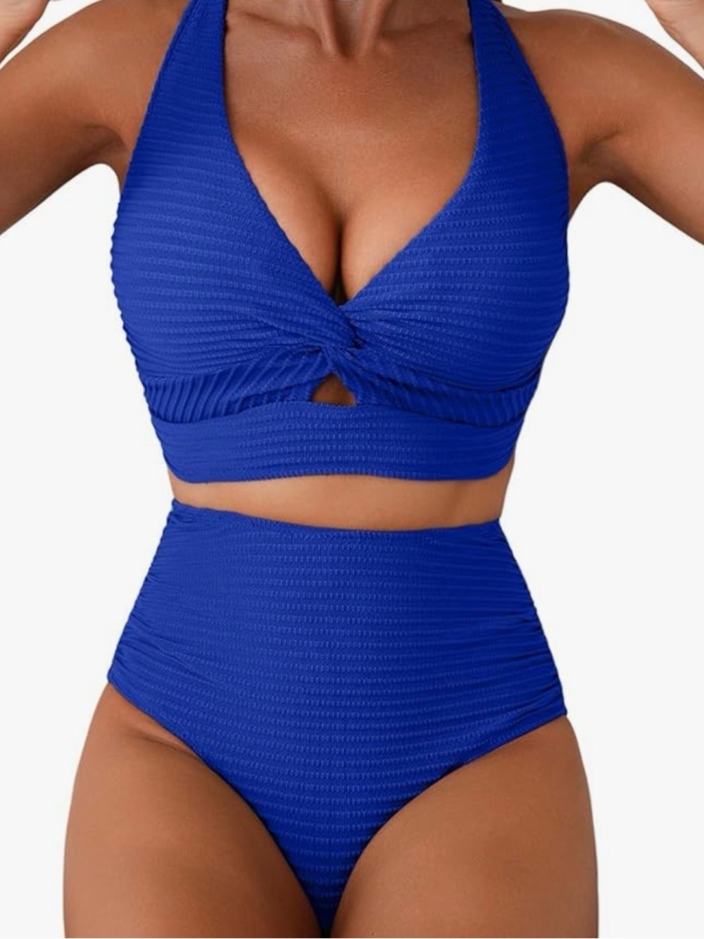 Textured High-Waist Twist Front Bikini Set - Blue, Size Large